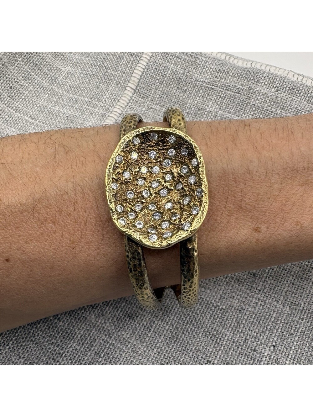 Melinda Maria Gold Tone Hammered Double Cuff Bracelet Crystal Rhinestone